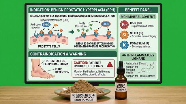 Stinging nettle root powder and extract for prostate health on wooden table
