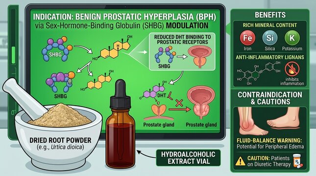 Infographic explaining benign prostatic hyperplasia treatment with natural herbs and supplements