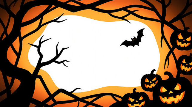 Silhouetted tree and jack-o'-lantern against orange sky