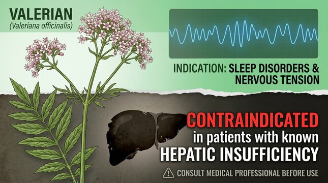 Valerian root and plant with pink flowers on green background with medical warning