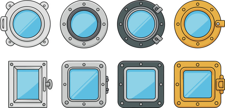 A collection of nautical porthole icons in brass and silver, evoking maritime adventure on a bright white background.