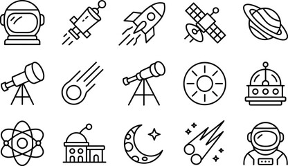 Comprehensive collection of professional monochrome space icons representing curious scientific discovery in a clean setting. © MdNasir