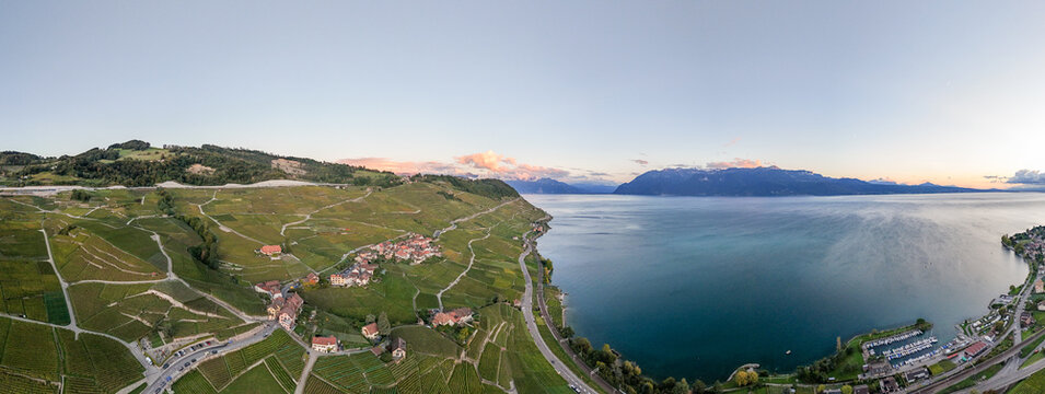 Aerial view of the terraced vineyards of Epesses in the Lavaux region, overlooking Lake Geneva with distant mountains under a soft sunset sky in Bourg-en-Lavaux, Vaud, Switzerland.