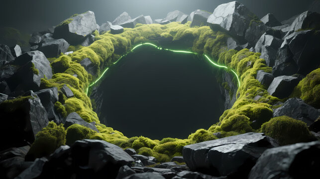 Glowing green moss on a dark cave entrance