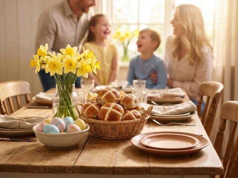 Family sitting at easter dining table with hot cross buns and daffodil flowers daffodils celebration