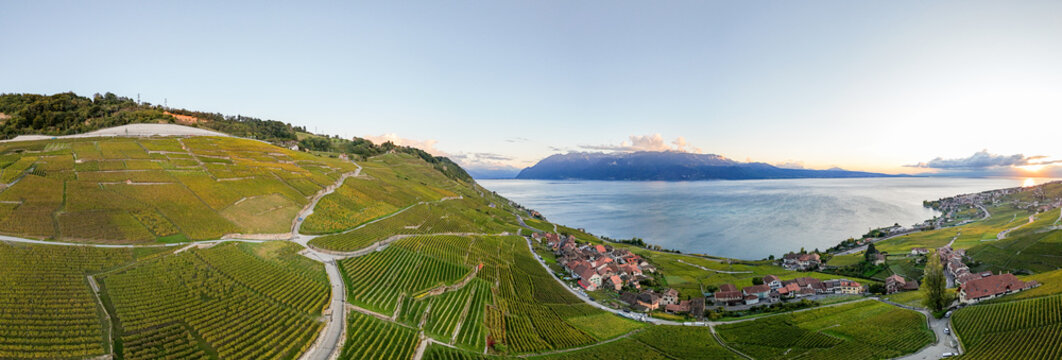 Aerial view of the terraced vineyards of Epesses in the Lavaux wine region overlooking Lake Geneva at sunset in Bourg-en-Lavaux, Vaud, Switzerland.
