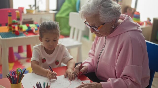 Elderly woman and little girl draw with crayons at a table in a playroom building; intergenerational bonding warmth.