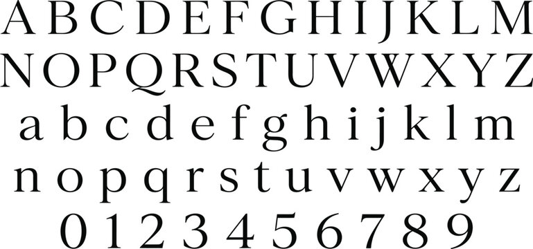 Classic Serif Font Set - Complete Vector Alphabet with Uppercase, Lowercase Letters, and Numbers for Elegant Graphic Design, Typography, Web Branding, and Professional Print Projects.