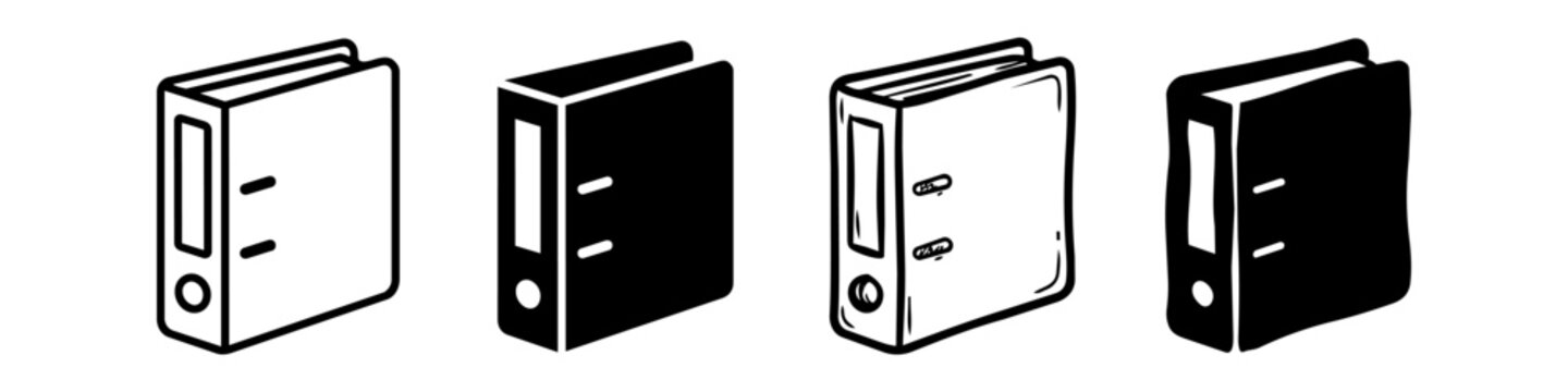 Minimalist set of four binder icons in various styles: outline, silhouette, and hand-drawn sketches. Ideal for office organization, archival, and stationery graphics.