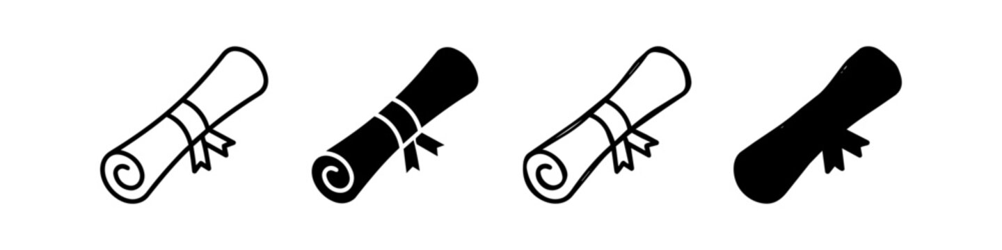 Vector icons of rolled diploma scrolls with ribbons. Four styles including line art, solid, and sketchy hand-drawn versions. Perfect for graduation and certificate designs.