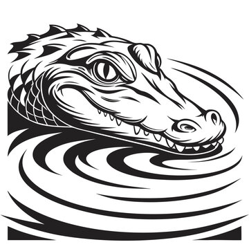Vector illustration illustration of an alligator or crocodile head emerging from water ripples in a black and white graphic style