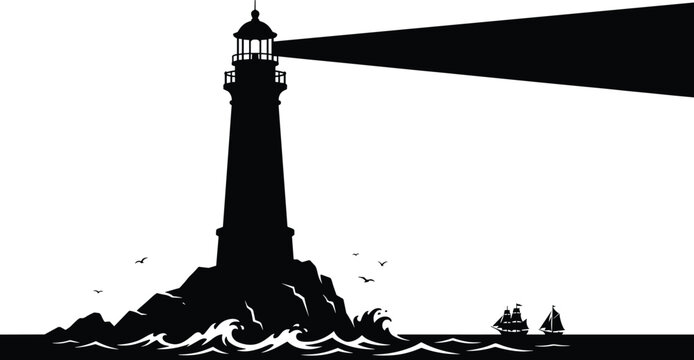 Black silhouette of a lighthouse on a rocky coastline, with a beam of light, sailboats, and waves