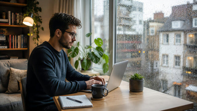 Young man working on a laptop at home by a rainy window