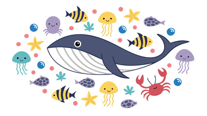 Fototapeta premium Vector illustration cute whale surrounded by various sea animals and bubbles, vector illustration of underwater life for kids