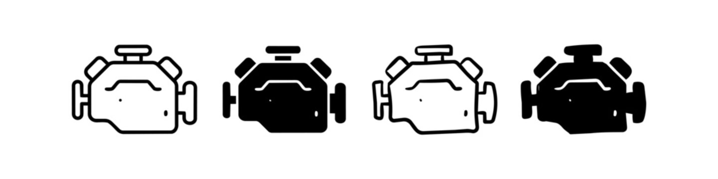 Set of car engine icons in various styles, including outline, solid, and hand-drawn doodle versions. Ideal for automotive repair, maintenance, and check engine light concept designs.