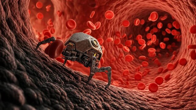 Nanobot moving through human blood vessel. Medical robot navigating along artery wall among red cell. Future nanotechnology for healthcare treatment diagnostics.