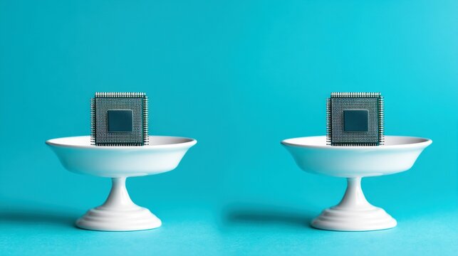 Two computer processors are placed on white pedestal dishes against a turquoise background, symbolizing technology and innovation.