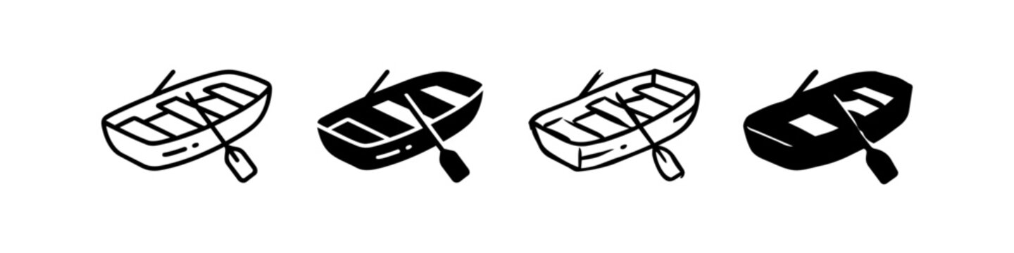 Set of wooden rowboat icons in different styles, including line art and silhouette. Minimalist hand-drawn skiff with oars isolated on white background for marine and nautical design.