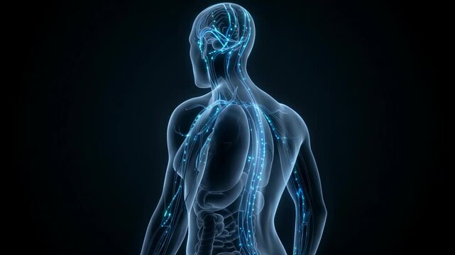 Nanorobot traveling through human lymphatic system. Microscopic medical machine targeting pathogen in body. Futuristic biotechnology for disease treatment concept.