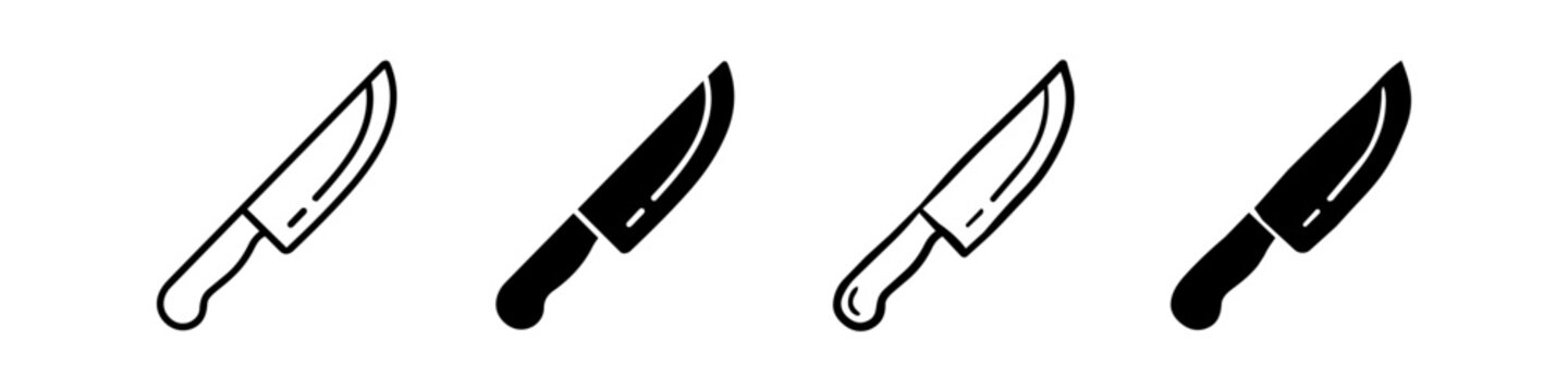 Set of four kitchen knife icons in outline and solid styles. Minimalist vector illustration of a chef's knife for culinary, restaurant, and cooking web or app design projects.