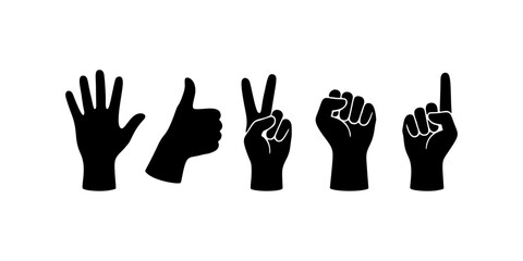 Fototapeta premium Hand Gesture Silhouette Collection Set, Open Palm, Thumbs Up, Peace Sign, Fist and Pointing Finger Vector Icons