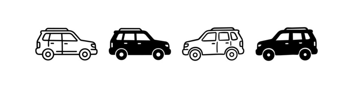 Set of four SUV car icons in outline and solid vector styles. Perfect for automotive apps, websites, transportation diagrams, and minimalist graphic design projects.