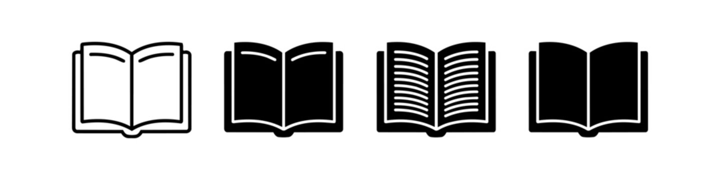 Set of four minimalist open book icons in line and silhouette styles for education and reading themes.