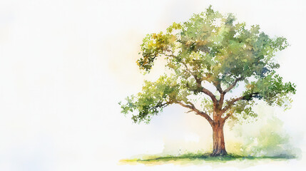 Fototapeta premium Beautiful watercolor sketch of large tree with lush green leaves, set against soft, light background, evokes sense of tranquility and nature