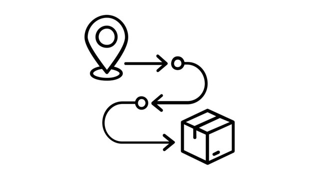 Clean flat vector line icon showing a package tracking route with map pins, ideal for delivery apps, order status screens, and courier services.