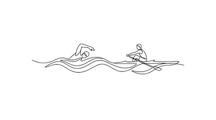 Swimmer and Rower Competing in Water - Minimalist Line Art © chici