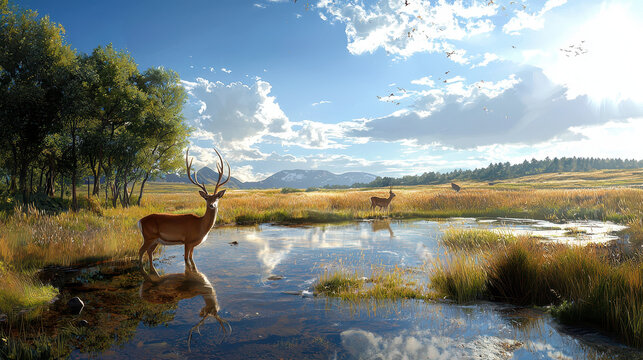 Serene landscape featuring deer standing by tranquil pond, surrounded by lush greenery and distant mountains bright sky. scene evokes sense