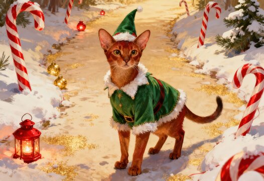 Cute abyssinian cat dressed as christmas elf in snowy landscape with abyssinian christmas seasonal