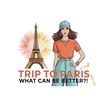Travel illustration with fashion woman and Eiffel tower featuring trip to Paris text design