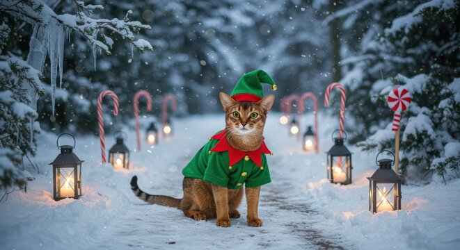 Abyssinian cat dressed as an elf in a snowy forest with abyssinian christmas december celebration