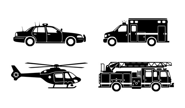 Emergency transport silhouette icon collection for safety and rescue design