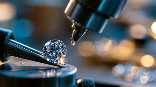 Close-up of the diamond cutting process showing precise faceting technique, sparkling detail under workshop light, defocused tools in background, diamond cutting process concept