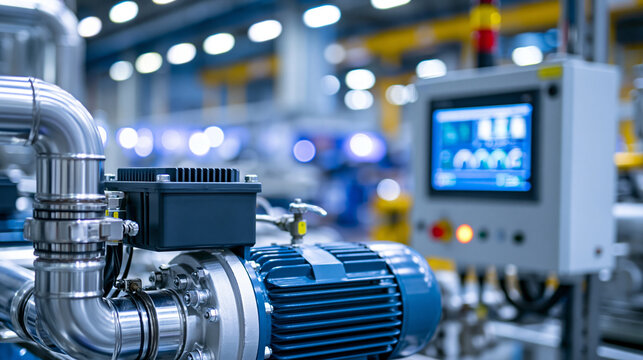 Industrial steel pipe system featuring a compressor unit and control panel in a factory, integrated mechanical and electronic systems, defocused factory interior in background,