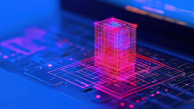 Digital representation of futuristic building on laptop, showcasing technology and innovation in vibrant blue and pink color scheme