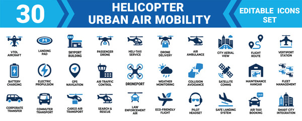 Set of 30 professional helicopter and urban air mobility transport icons for smart city logistics , Editable Vector Illustration Mega pack © Sumon Sorkar