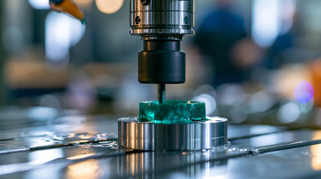 CNC machine precisely cutting a green wax ring mold, modern jewelry manufacturing technology, defocused workshop in background, jewelry production technology concept photography,