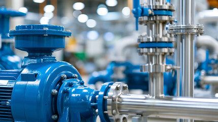 Obraz premium Industrial blue centrifugal pump and metal piping arrangement in a factory setting, organized mechanical detail, defocused factory in background, industrial pump concept