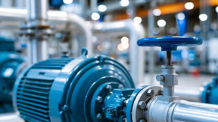 Fototapeta premium Industrial blue centrifugal pump and metal piping arrangement in a factory setting, organized mechanical detail, defocused factory in background, industrial pump concept
