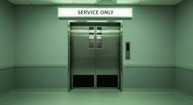 A closed double-door metal freight or service elevator in a clinical, dim green-toned hospital or laboratory hallway. A glowing white sign above the elevator reads "SERVICE ONLY".