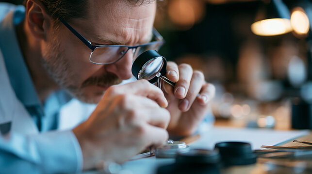 Faceless jeweler inspecting a diamond under a magnifying tool using tweezers, focused gem evaluation, defocused workshop in background, diamond inspection concept photography,