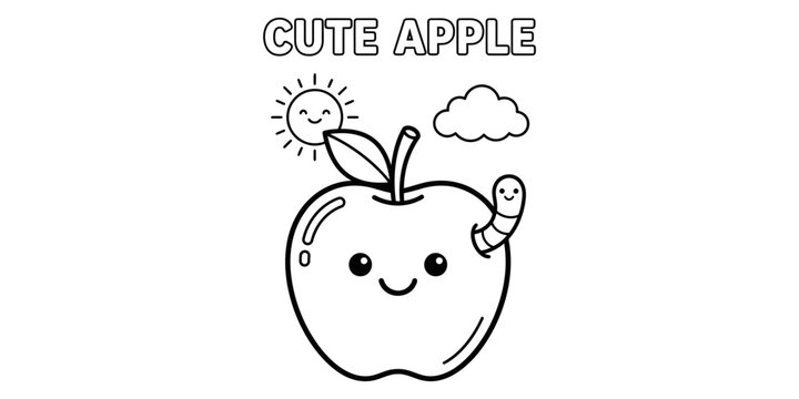 Cute apple coloring page for kids with worm and sun background printable worksheet