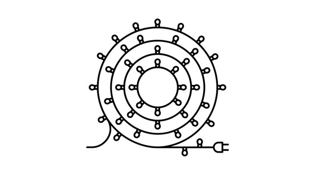 A simple black and white line art illustration of a coiled string of holiday lights.