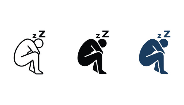 Person sleeping in seated position with zzz text icon set showing fatigue or exhaustion in minimalist style