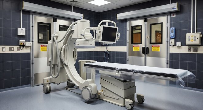 Empty modern operating room with C-arm X-ray scanner and surgical table.