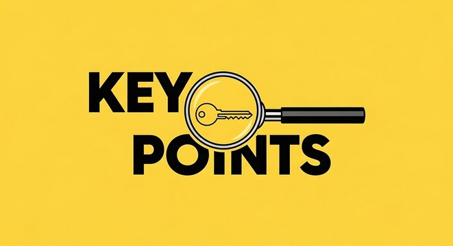 Key points text with magnifying glass icon on yellow background, business analysis and research concept, strategic information and data discovery