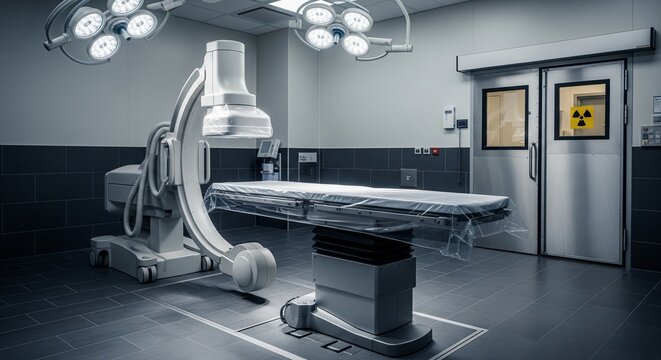 High-tech operating room with a large robotic C-arm X-ray machine standing over a surgical table, next to a door with a radiation warning sign